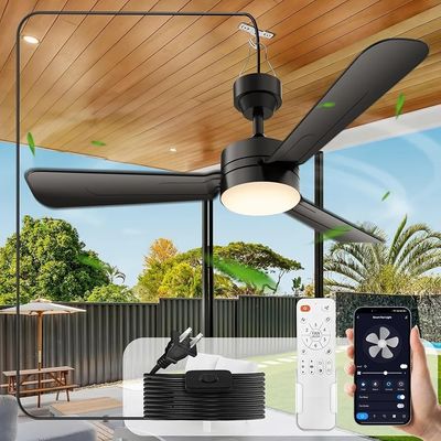 Ventiladores de techo con luces,Luz de ventilador LED de 36 pulgadas colgando con gancho,Ventilador de techo tipo gancho,Luz de ventilador de techo con enchufe,40W,3000-6500k,Remote Control,Ventilador portátil para cama de campamento,Patio,(Negro)